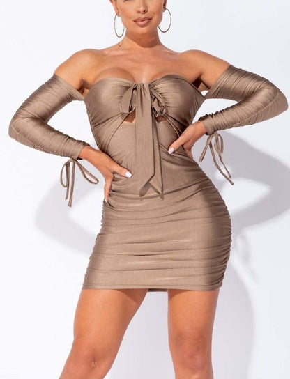 Sexy Cut-out Mocha Ruched Bardot Party Dress