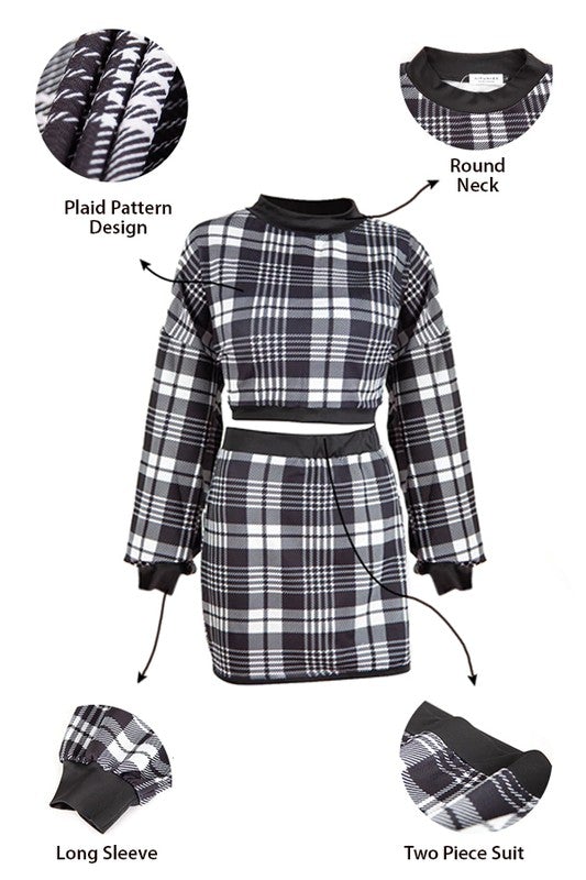 Two-piece Plaid Crop Pullover and Skirt Set