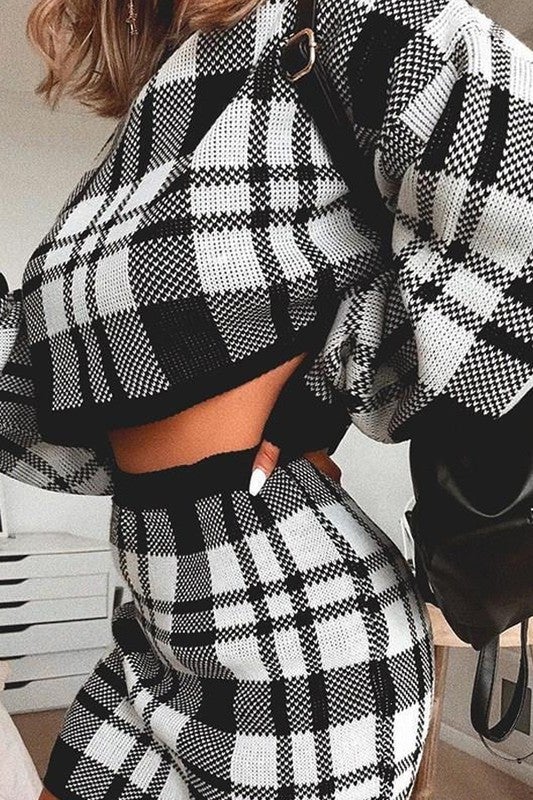 Two-piece Plaid Crop Pullover and Skirt Set