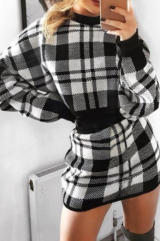 Two-piece Plaid Crop Pullover and Skirt Set