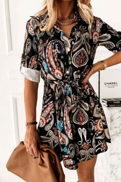 Paisley Self Belt Long Sleeve Shirt Dress