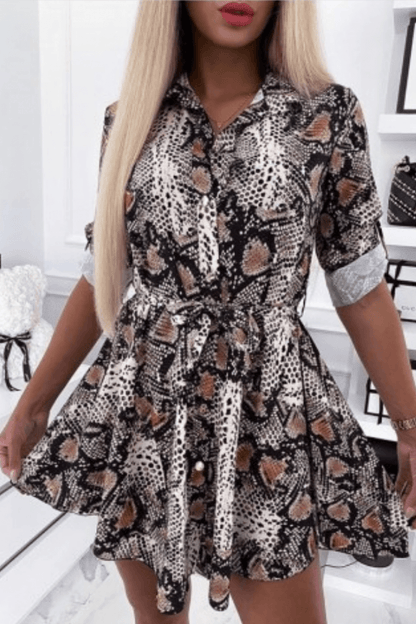 Snake Print Belted Mini Shirt Dress