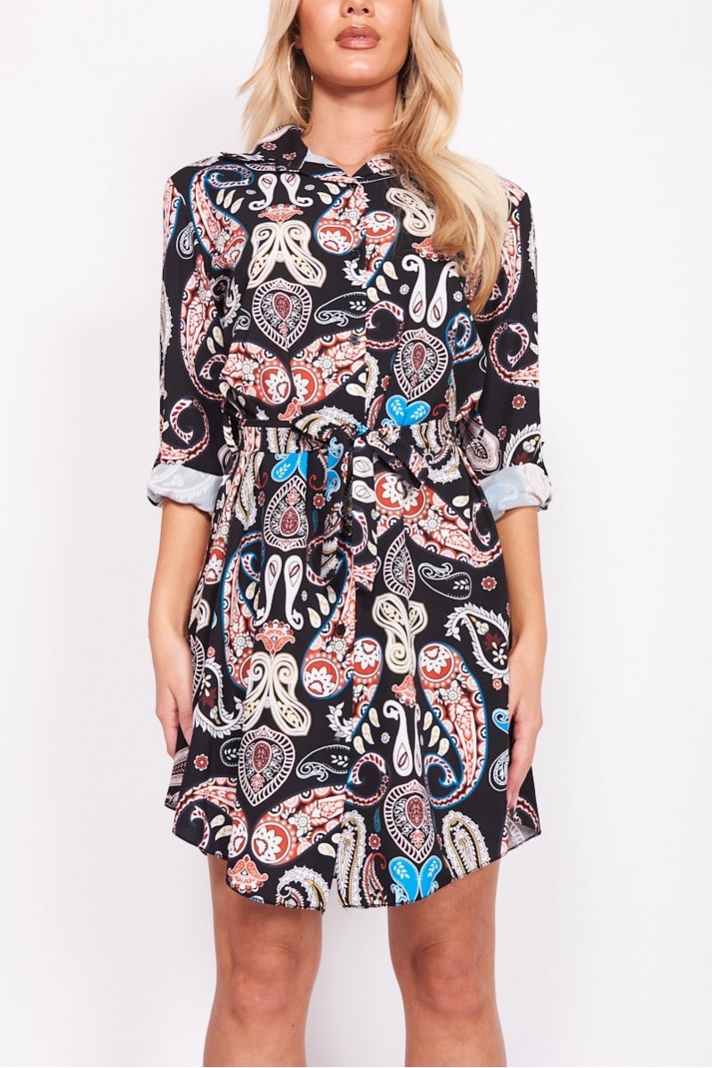 Paisley Self Belt Long Sleeve Shirt Dress