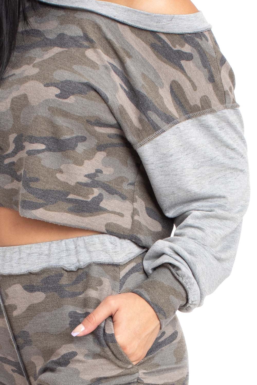 TWO TONE CAMOUFLAGE SWEATER CROP TOP SET