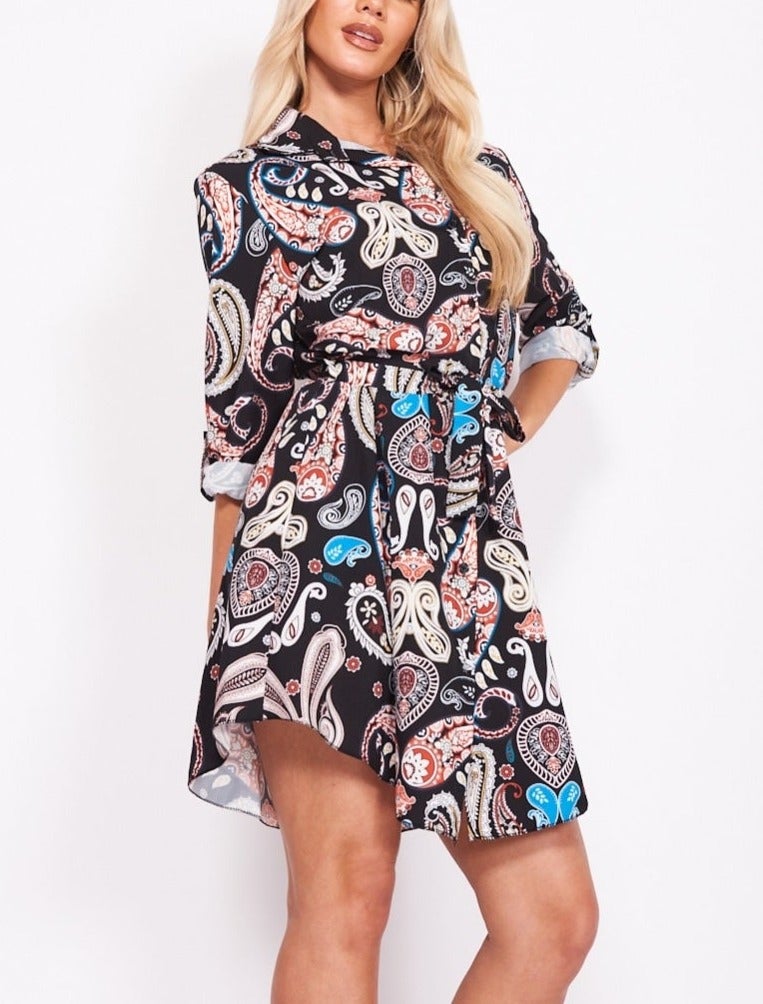 Paisley Self Belt Long Sleeve Shirt Dress