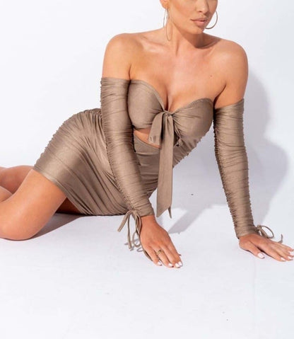 Sexy Cut-out Mocha Ruched Bardot Party Dress