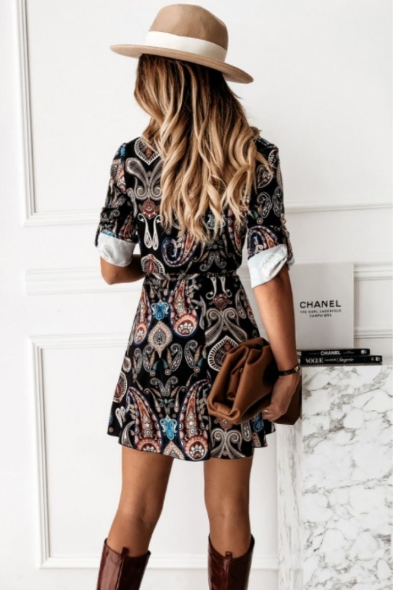 Paisley Self Belt Long Sleeve Shirt Dress