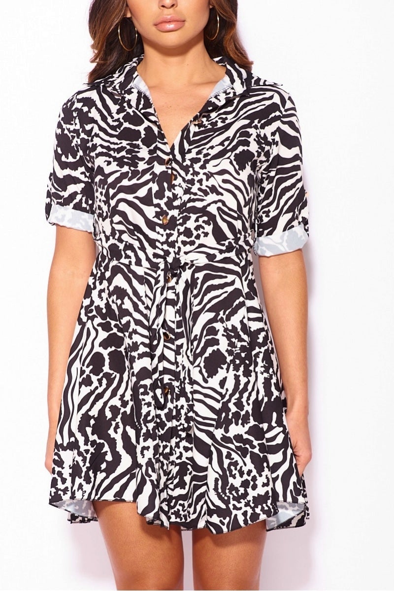 Zebra Print Self Belt Flared Hem Shirt Dress