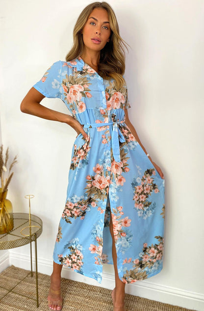 Baby Blue Floral Long Button Shirt Dress