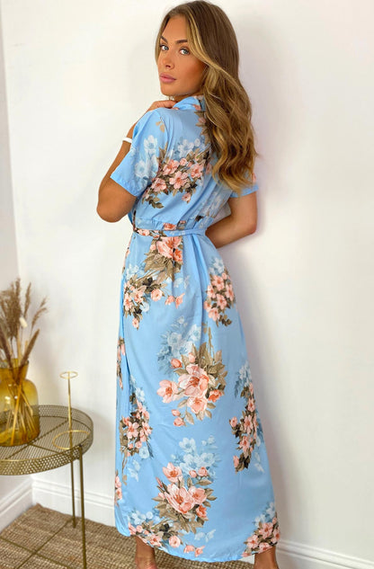 Baby Blue Floral Long Button Shirt Dress