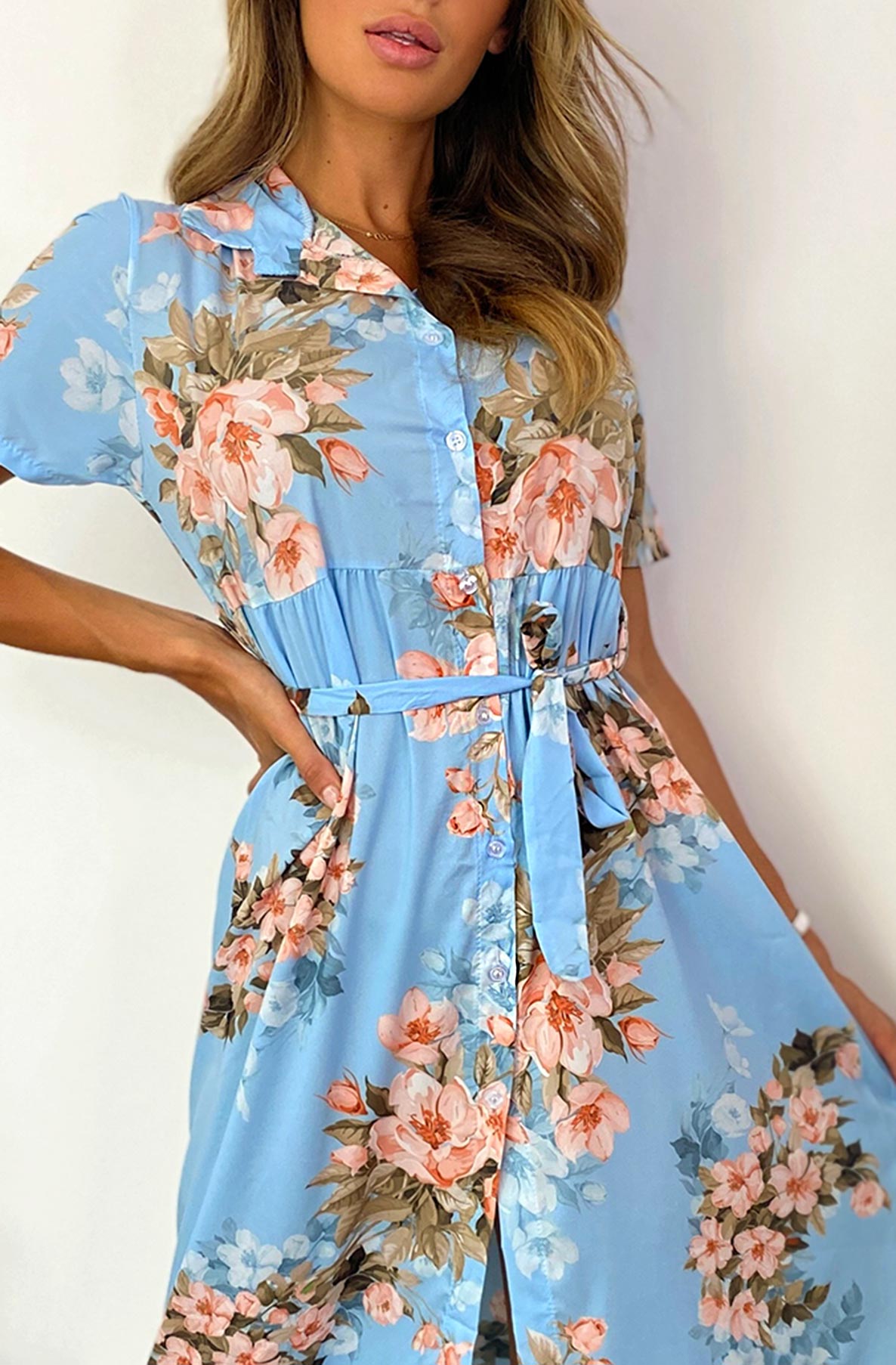 Baby Blue Floral Long Button Shirt Dress