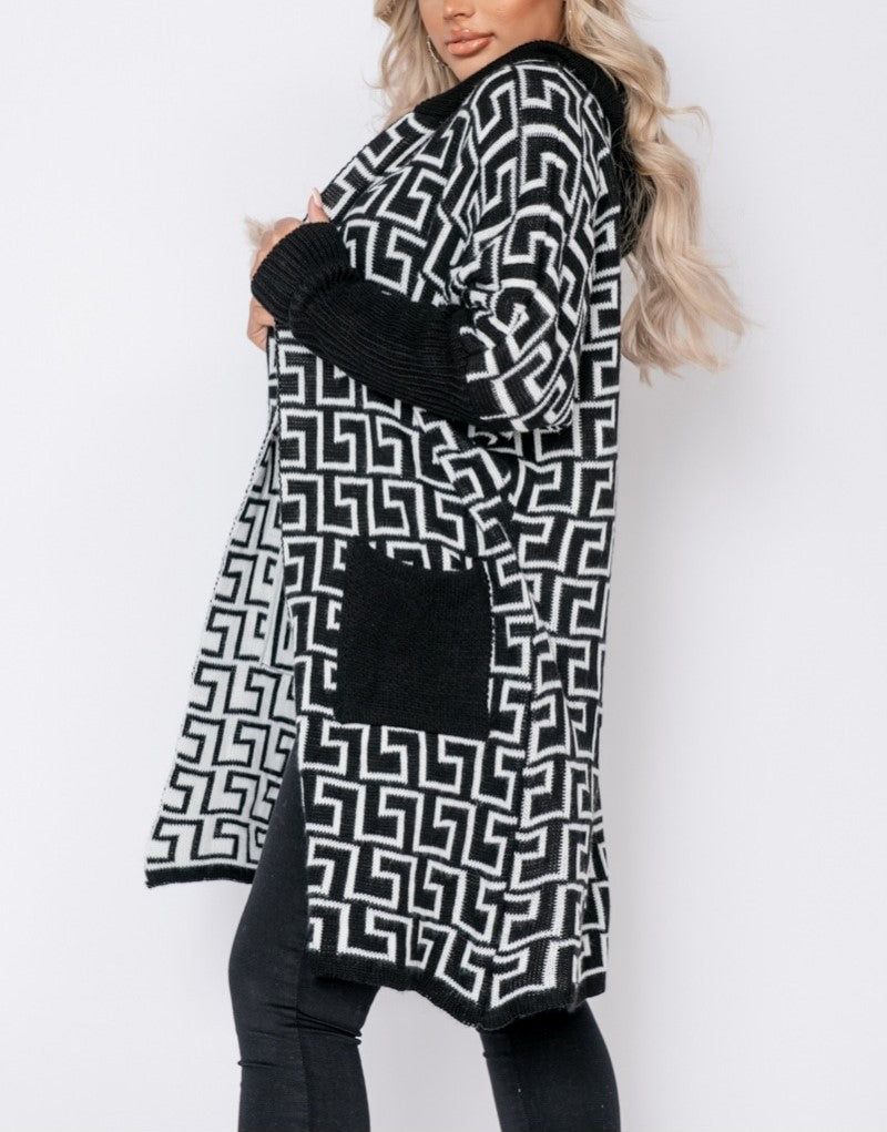 Black White Geometric Hooded Cardigan