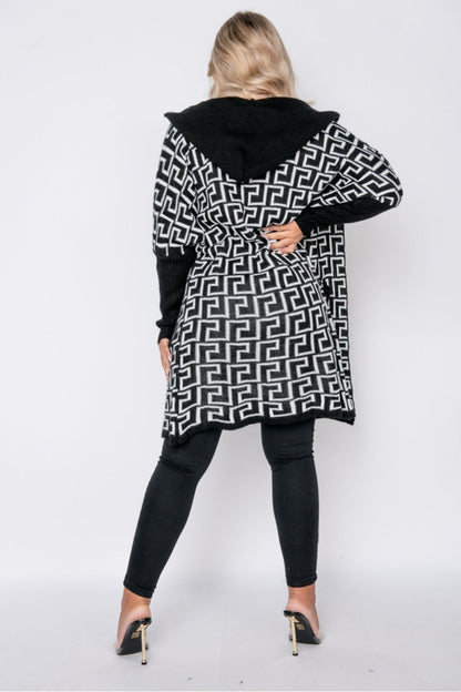 Black White Geometric Hooded Cardigan