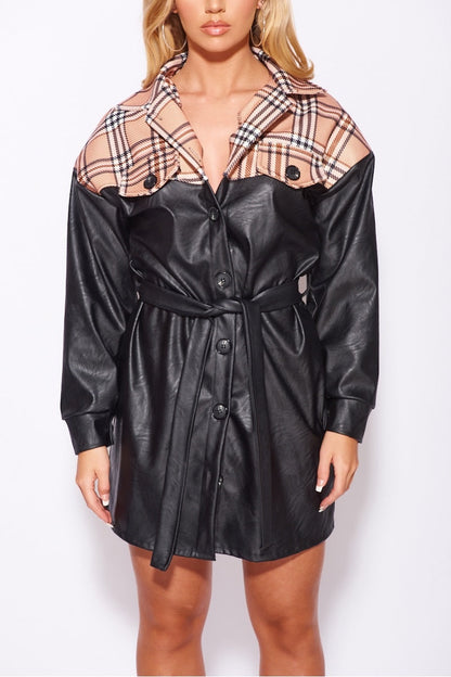 Camel Black Contrast Check Faux Leather Shirt Dress