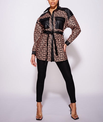 Beige Black Contrast Faux Leather Check Belted Shirt