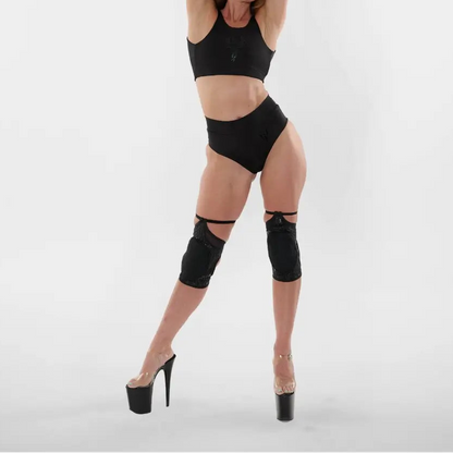 Exotic Stylish Floorwork Black Pole Dance Grip Mesh Knee Pads With Garters